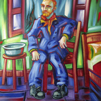 The image depicts a colorful expressionist-style painting of a seated man with a beard, possibly evocative of Vincent Van Gogh, in a vibrant, angular interior setting. By Raymond Murray